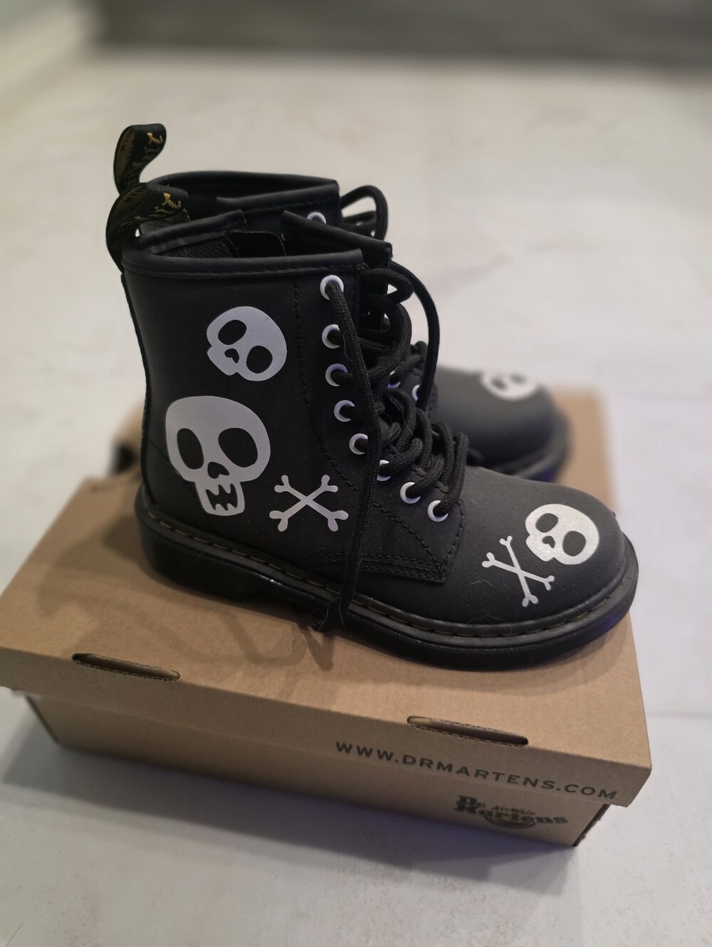 Dr. Martens Kids Black Boots with White Skull Graphics (New In Box)
